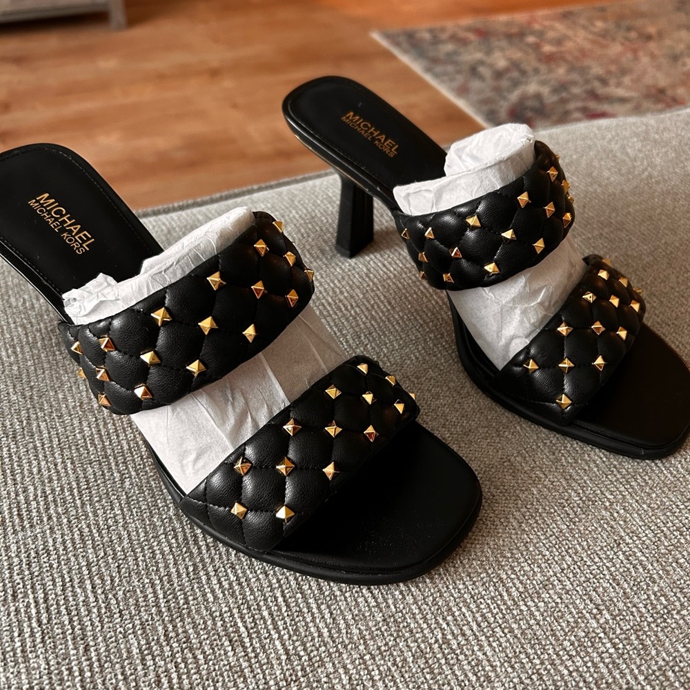 Michael Kors Black and Gold Heels with Studded Straps